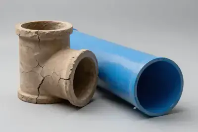 Verschil tussen een oude gebarsten kleileiding en een gerenoveerde leiding met een gladde blauwe relining-binnenwand